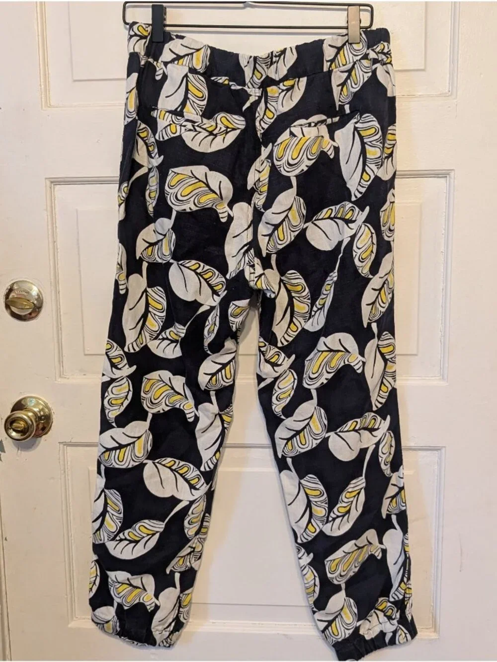 J.Crew Seaside Jogger Pants Women's Size 8 Linen Blend Navy Yellow White Coastal